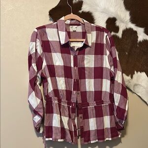 Plaid Button-Up Shirt in Burgundy and White